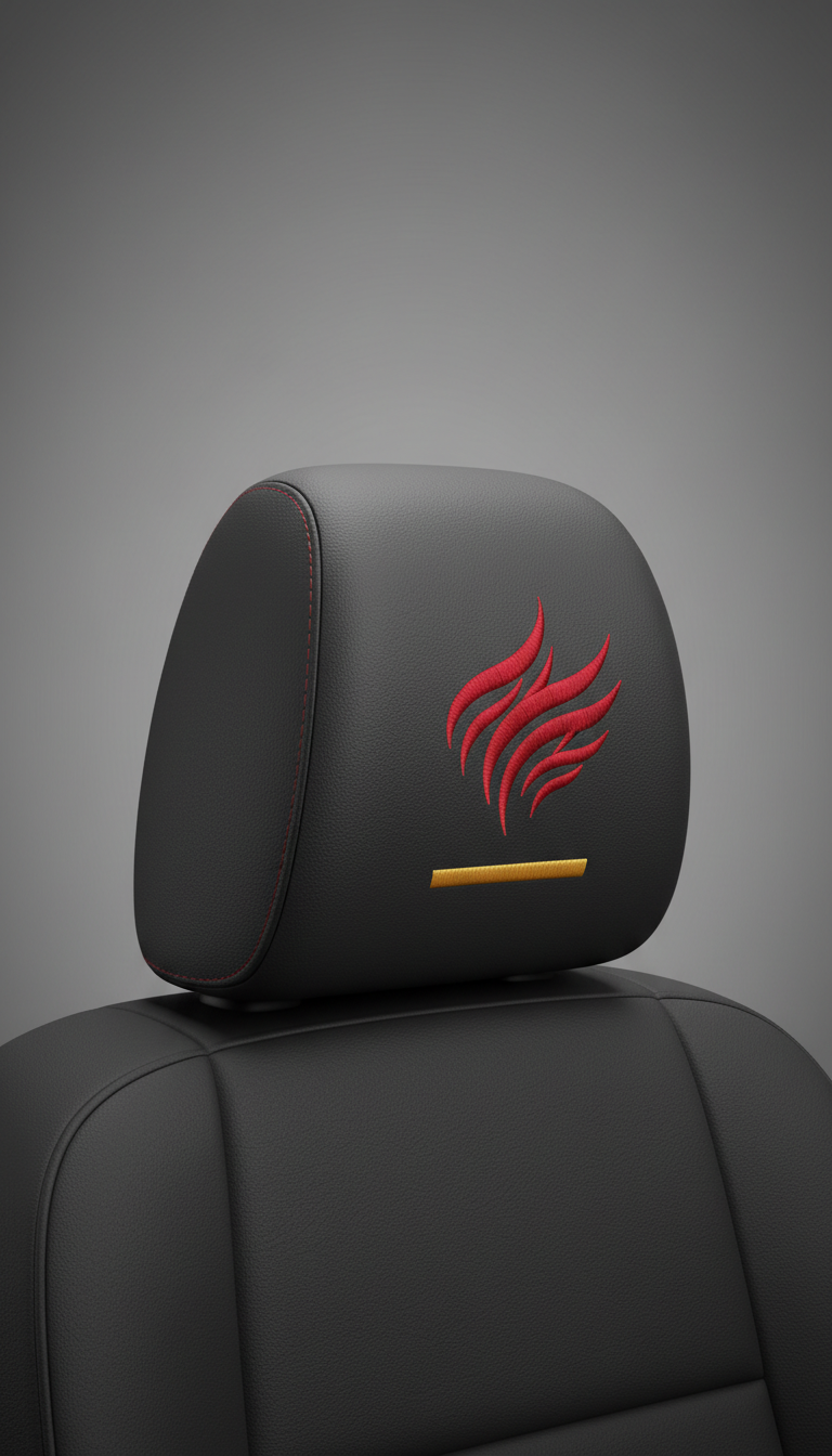 Carbon black leather headrest cover with crimson embroidery